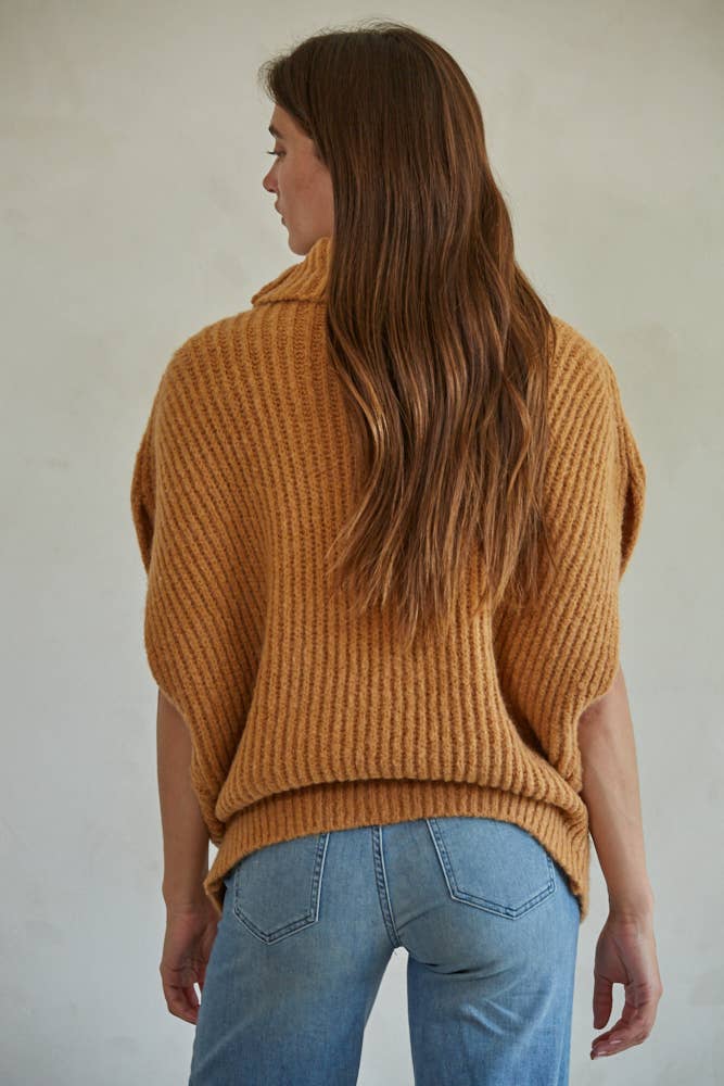 Knit Sweater Ribbed Turtleneck Vest Top: Camel