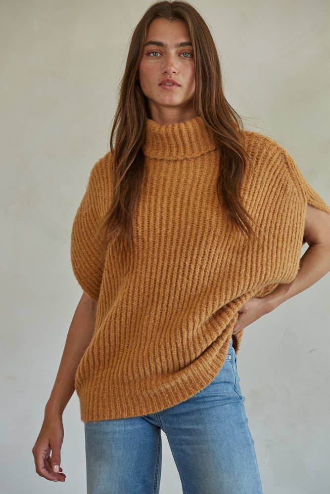 Knit Sweater Ribbed Turtleneck Vest Top: Camel