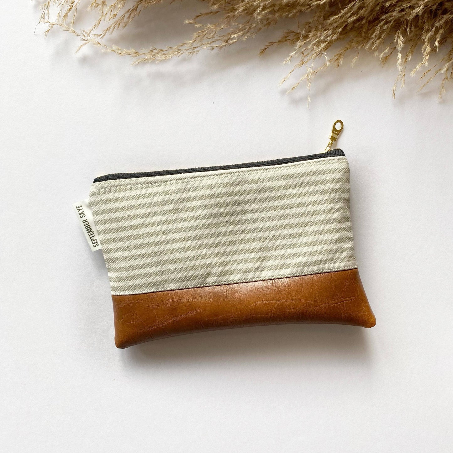 Coin purse in cream and gray ticking stripe
