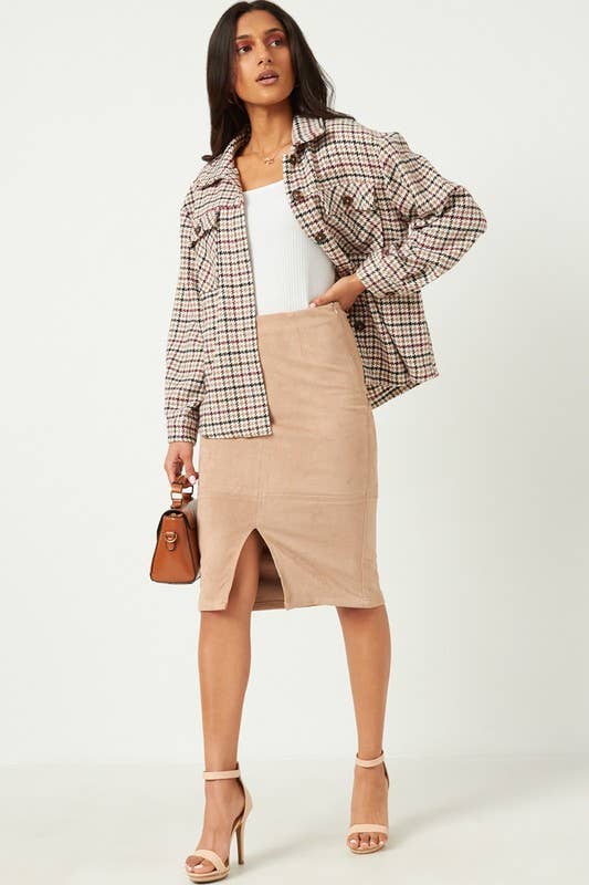 Womens Front Slit Detail Suede Pencil Skirt: TAUPE