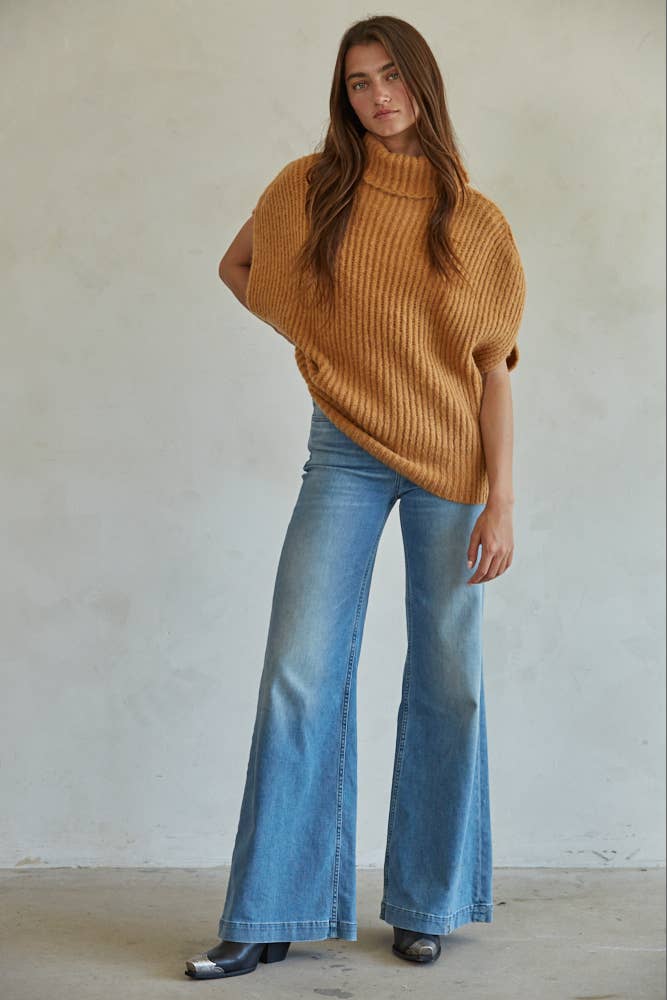 Knit Sweater Ribbed Turtleneck Vest Top: Camel