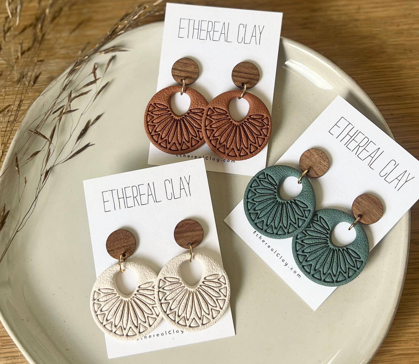 Boho Clay Earrings, Summer Style Earrings : Pale Sage