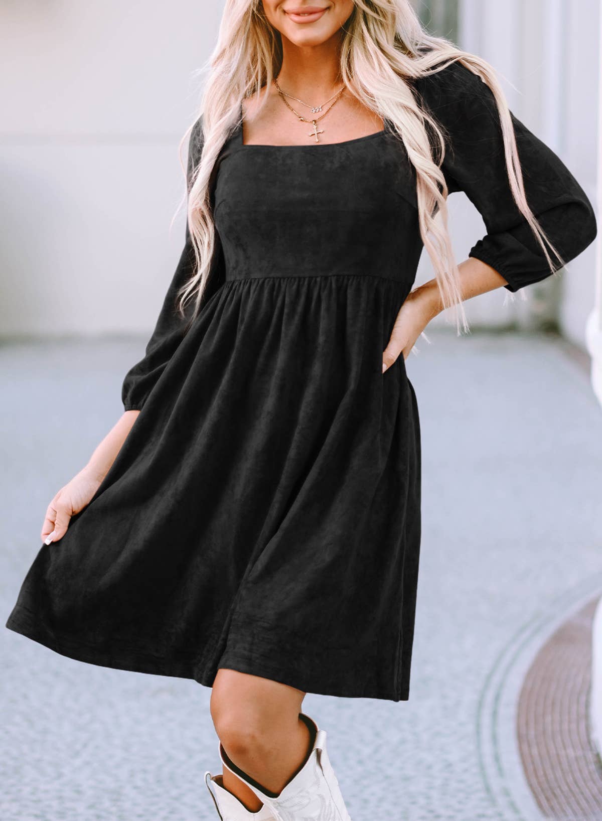 black square neck puff sleeve dress Elegant Square Neck Puff Sleeve Jacquard Dress Xs / Black