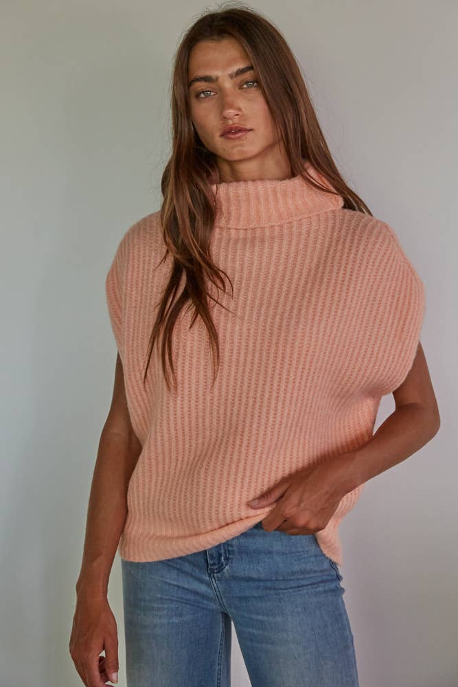 Knit Sweater Ribbed Turtleneck Vest Top: Peach