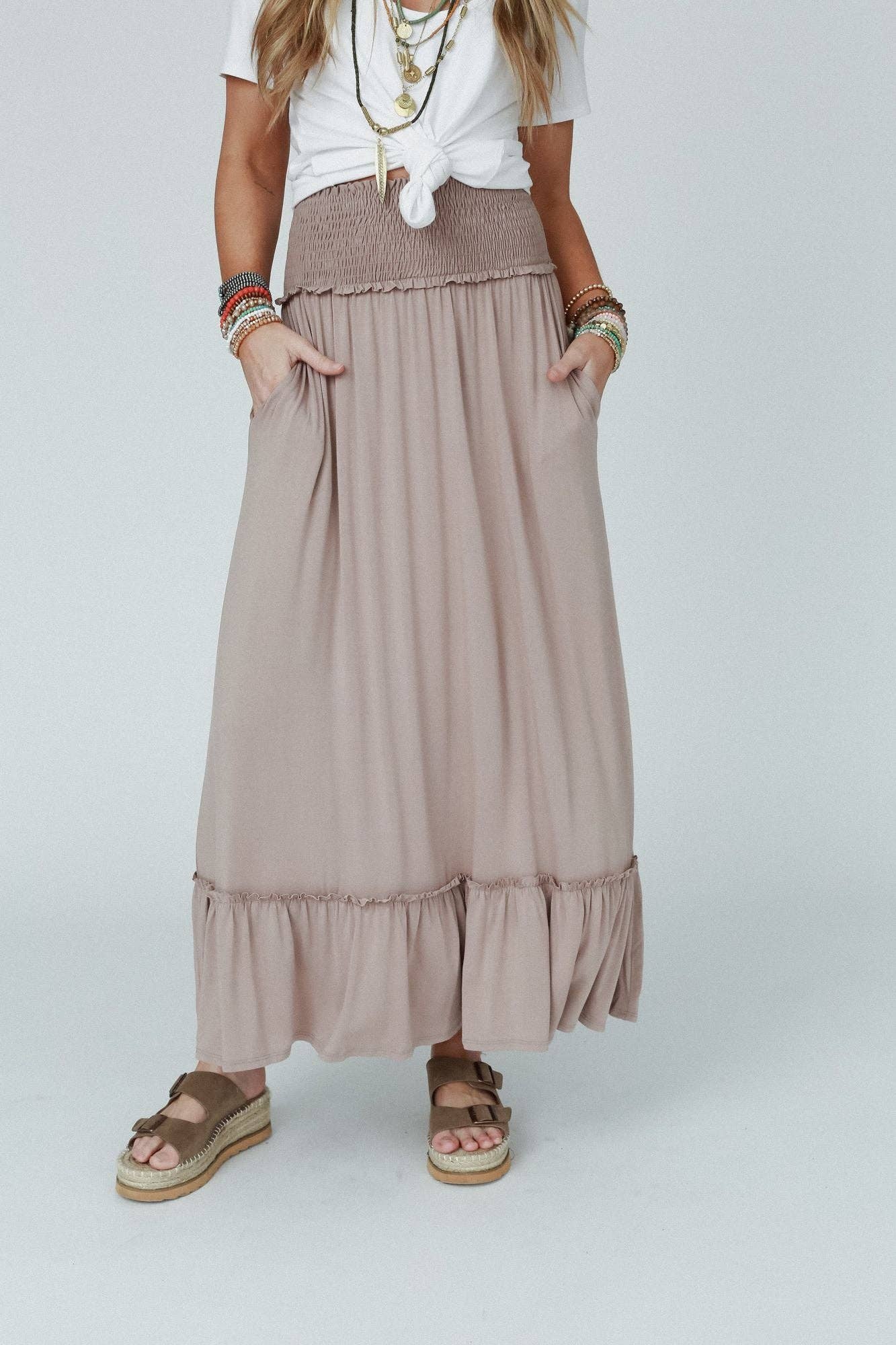 Rustic Romance Smocked Maxi Skirt - Dark Mocha