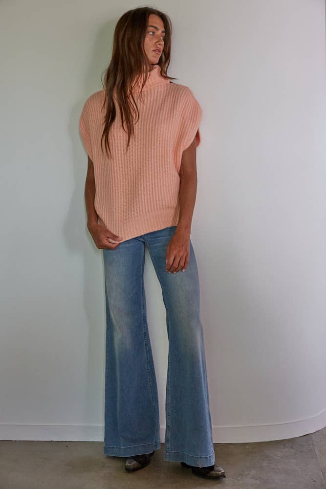 Knit Sweater Ribbed Turtleneck Vest Top: Peach