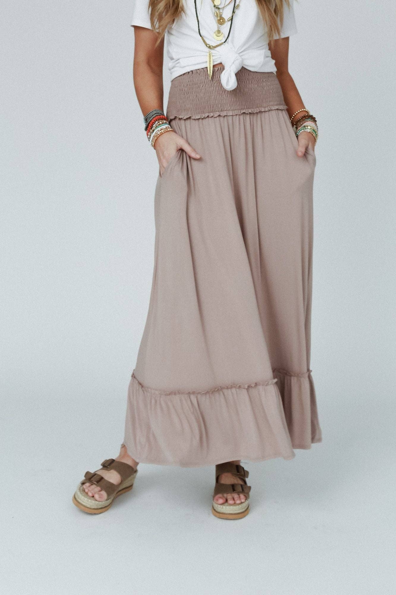 Rustic Romance Smocked Maxi Skirt - Dark Mocha