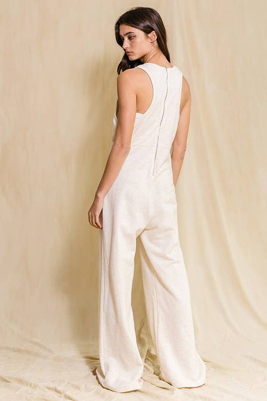 Back Zipper Closure Wide Leg Jumpsuit in OATMEAL