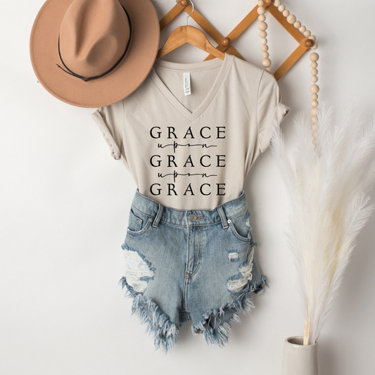 Grace Upon Grace V- Neck Tee in Heather Dust