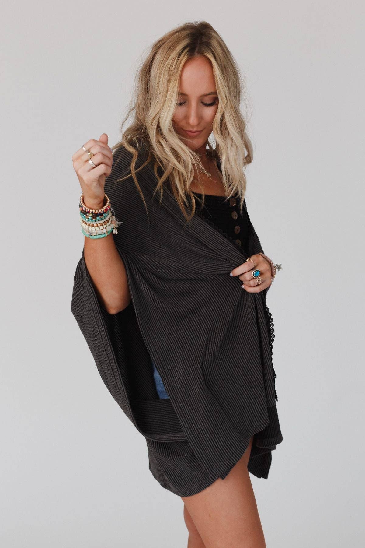 Lotus Lace Trim Ribbed Knit Kimono - Charcoal