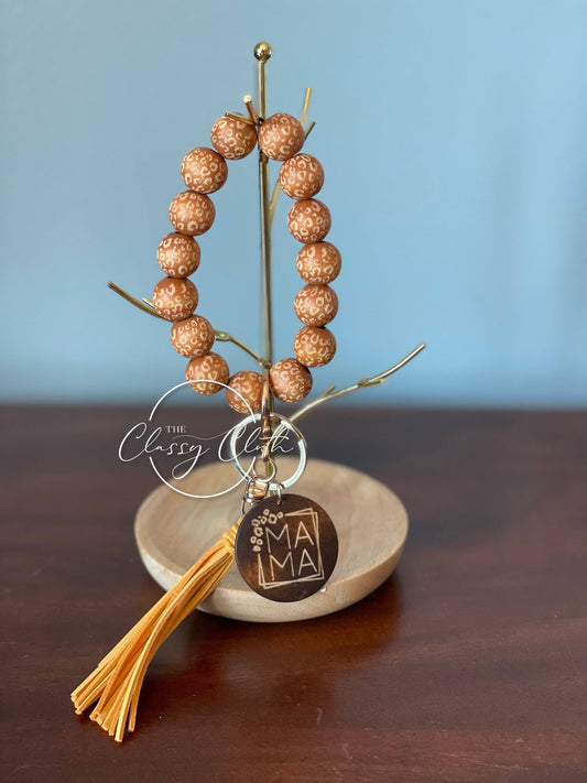 MAMA Wooden Beaded Tassel Key Chain - Tan Leopard