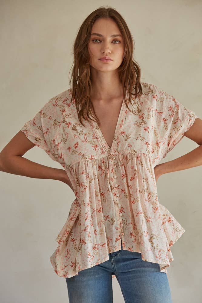 Floral Print Plunged V-Neck Short Sleeve Top: Ivory Multi