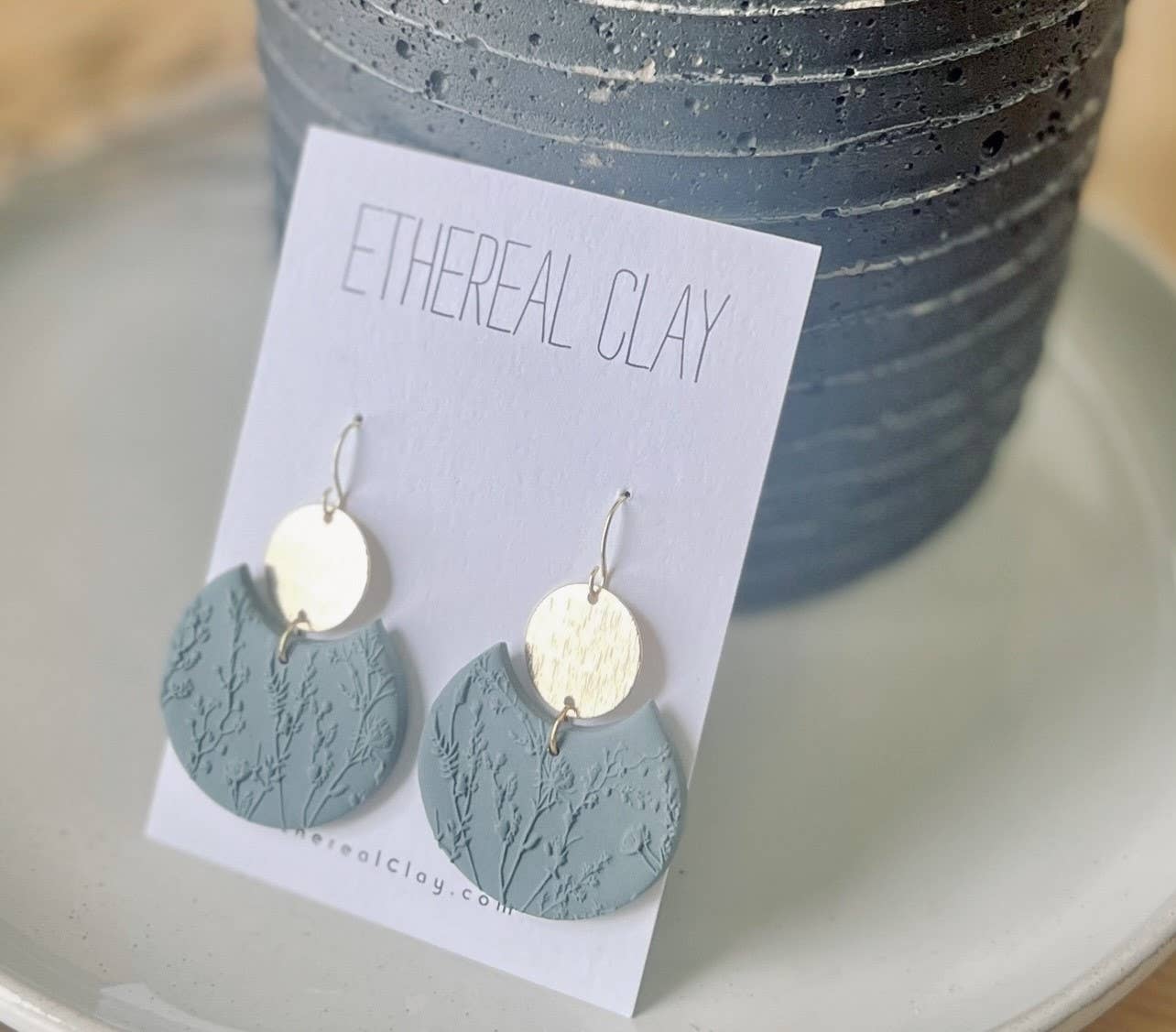 Spring Clay Earrings, Floral Texture, Simple Style: Slate Blue