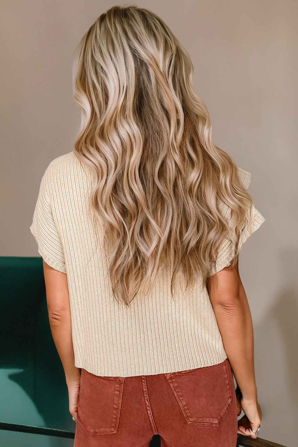 Patch Pocket Ribbed Knit Short Sleeve Sweater-Oatmeal