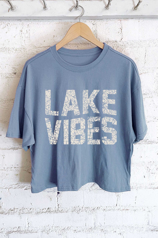 LAKE VIBES GRAPHIC LONG CROP TOP: INDIGO BLUE