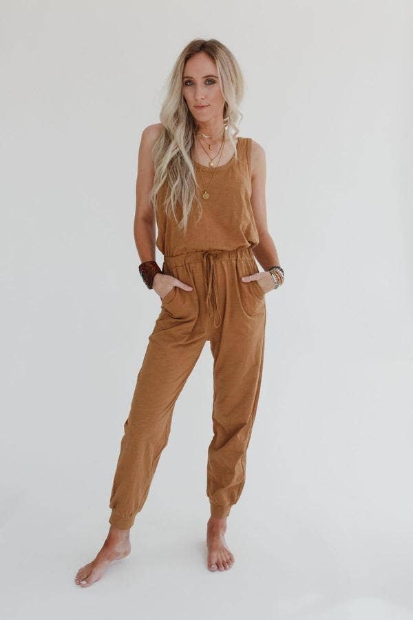 Set to Go Textured Jumpsuit And Cardigan Set - Camel