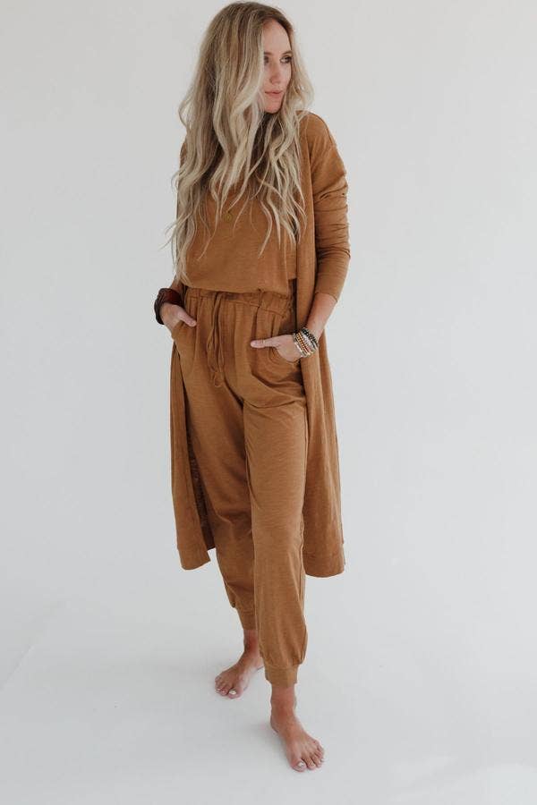 Set to Go Textured Jumpsuit And Cardigan Set - Camel