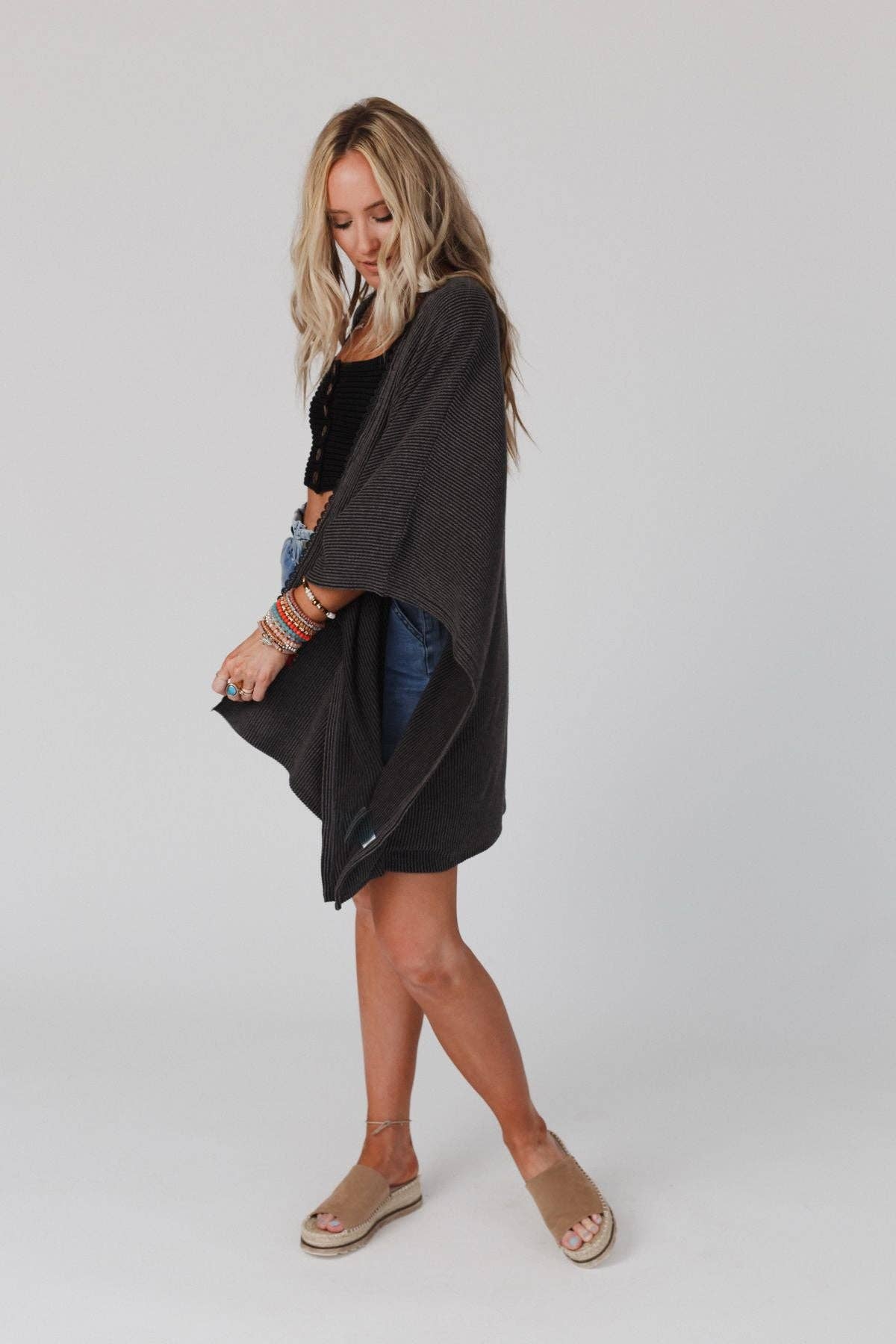 Lotus Lace Trim Ribbed Knit Kimono - Charcoal