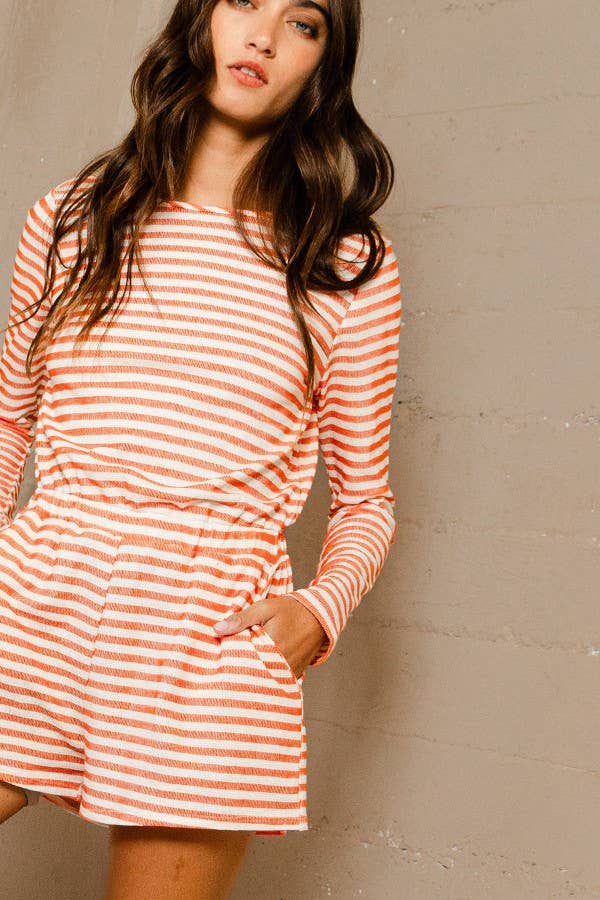 Stripe Print Open Back Romper: Orange