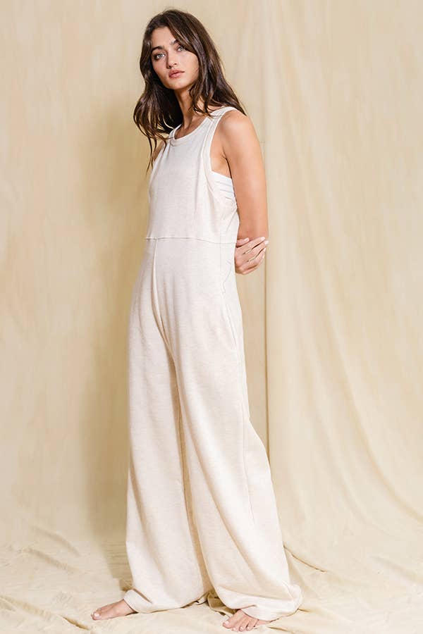 Back Zipper Closure Wide Leg Jumpsuit in OATMEAL