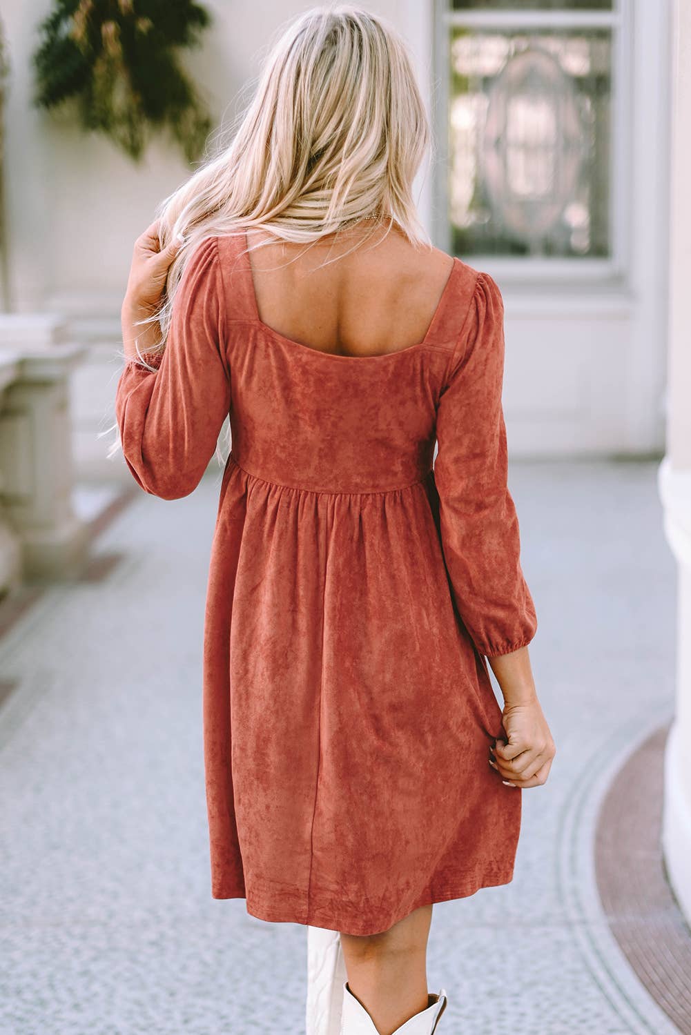 Suede Square Neck Puff Sleeve Dress: GREEN