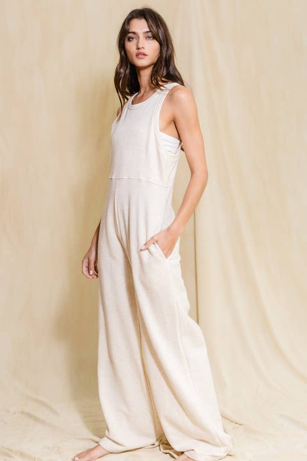 Back Zipper Closure Wide Leg Jumpsuit in OATMEAL
