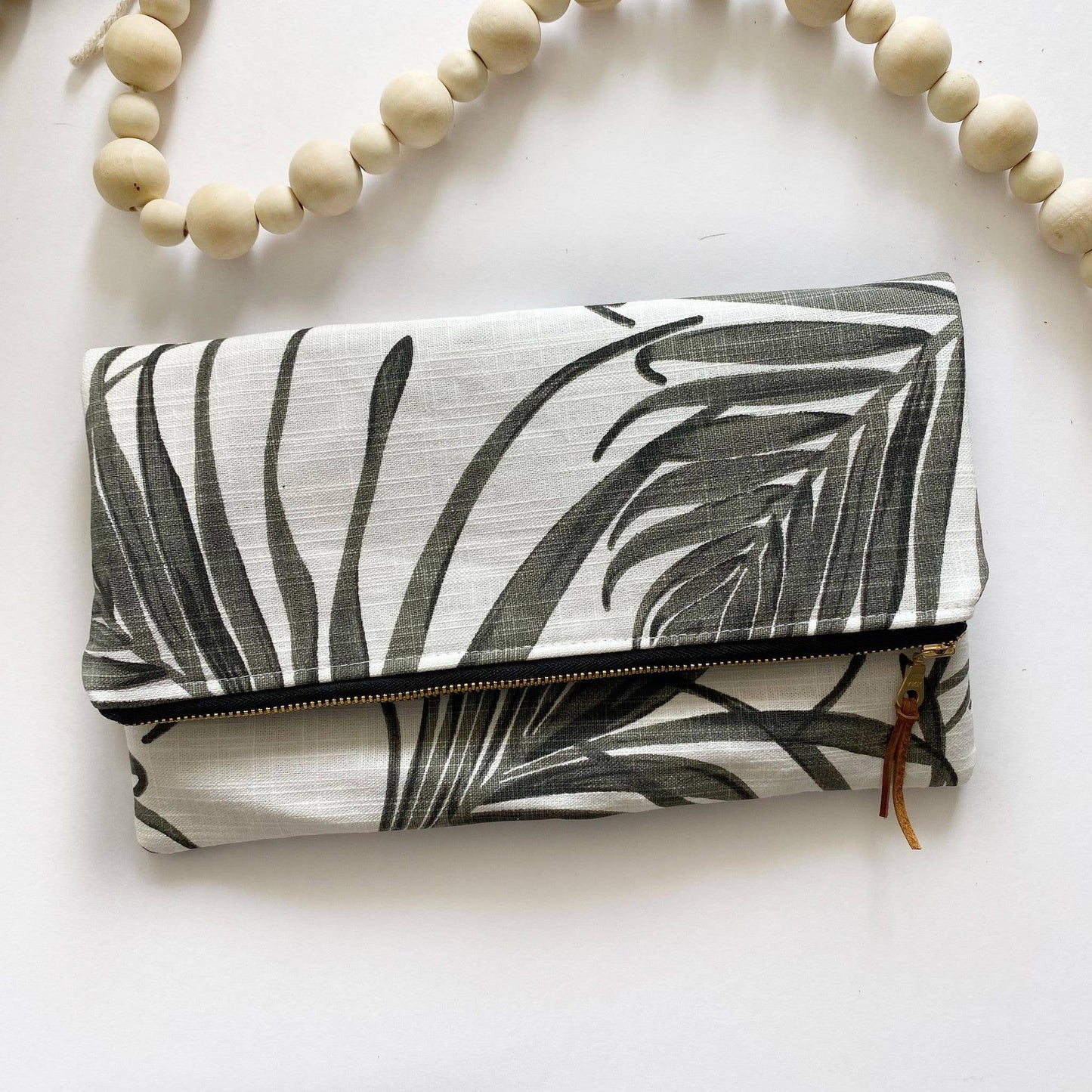 Oversized clutch bag in dark fern and white - botanical print