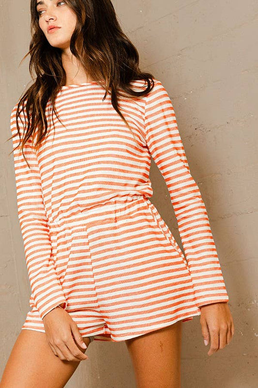 Stripe Print Open Back Romper: Orange