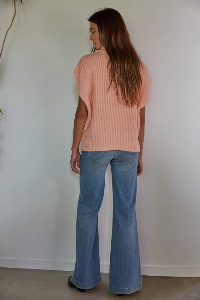 Knit Sweater Ribbed Turtleneck Vest Top: Peach