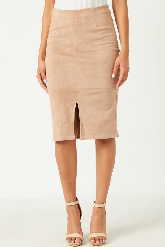 Womens Front Slit Detail Suede Pencil Skirt: TAUPE