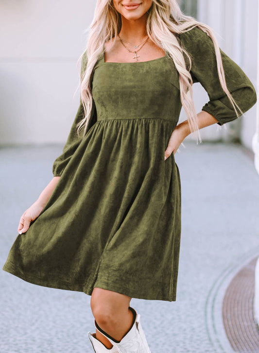 Suede Square Neck Puff Sleeve Dress: GREEN