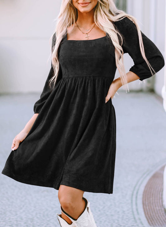 Suede Square Neck Puff Sleeve Dress: BLACK